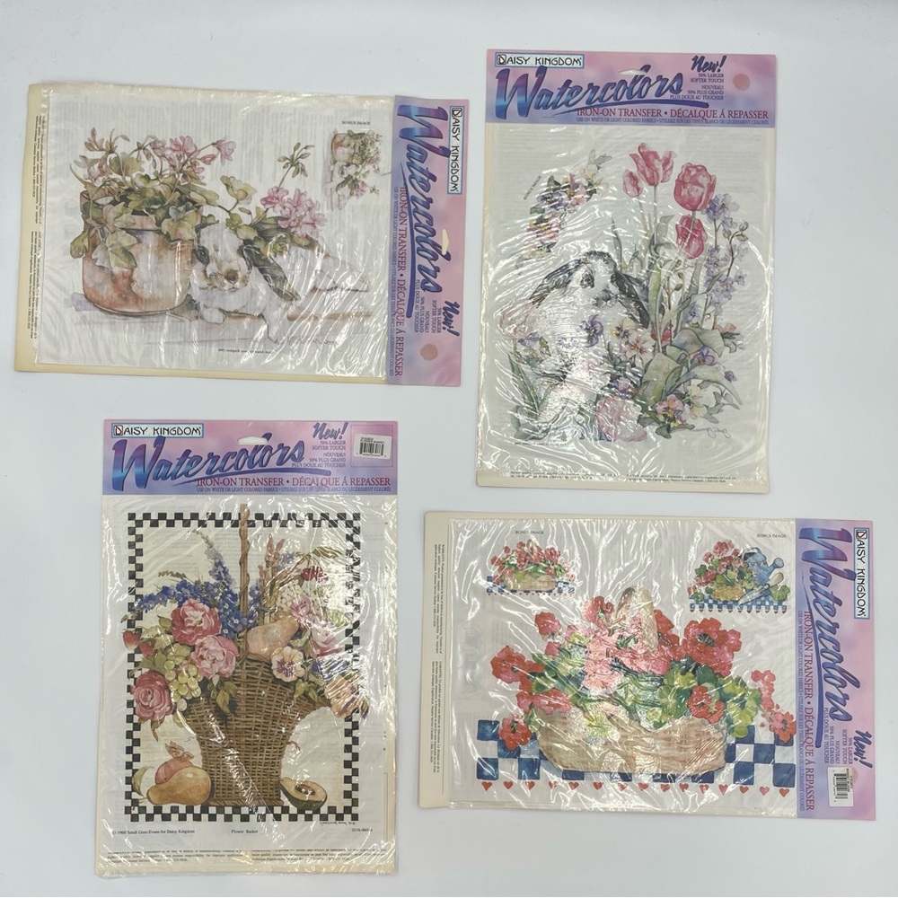 Daisy Kingdom Iron‎ Transfers Vintage Bunny Flowers Basket 90s Watercolors 4 Set